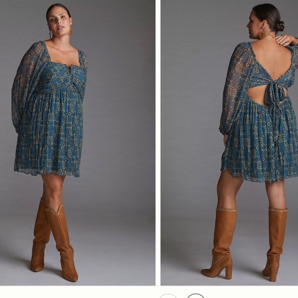 Anthropologie Blue and Brown Patterned Mini Dress - Picture 5 of 16